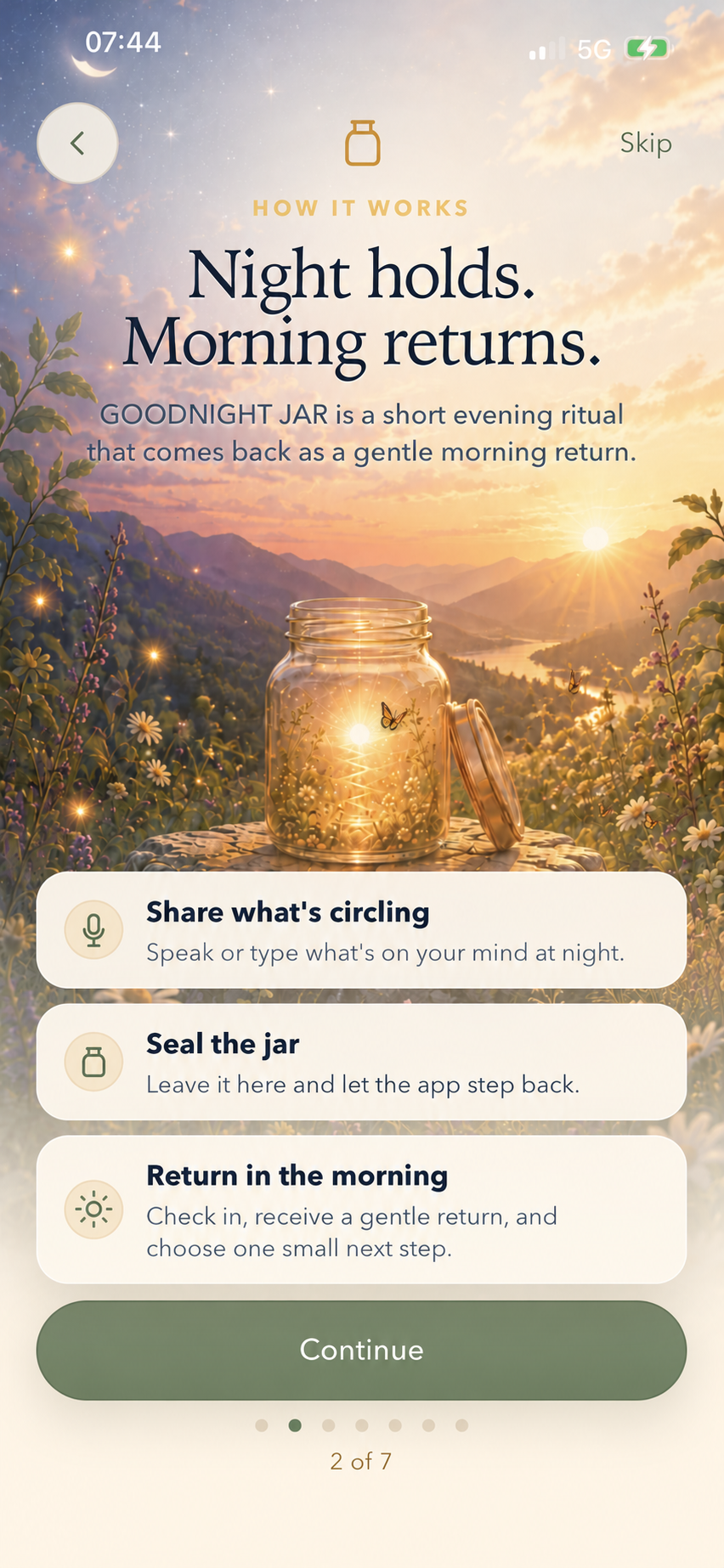 GOODNIGHT JAR — Night holds. Morning returns. onboarding screen