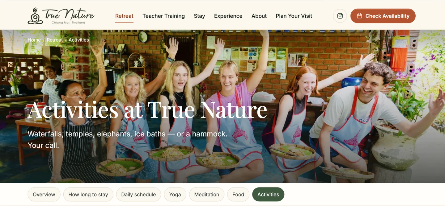 True Nature development preview showing the activities page and a group preparing food together