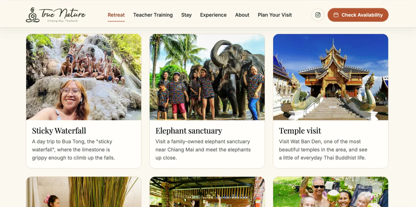 True Nature preview with cards for waterfalls, elephant sanctuary visits and temples