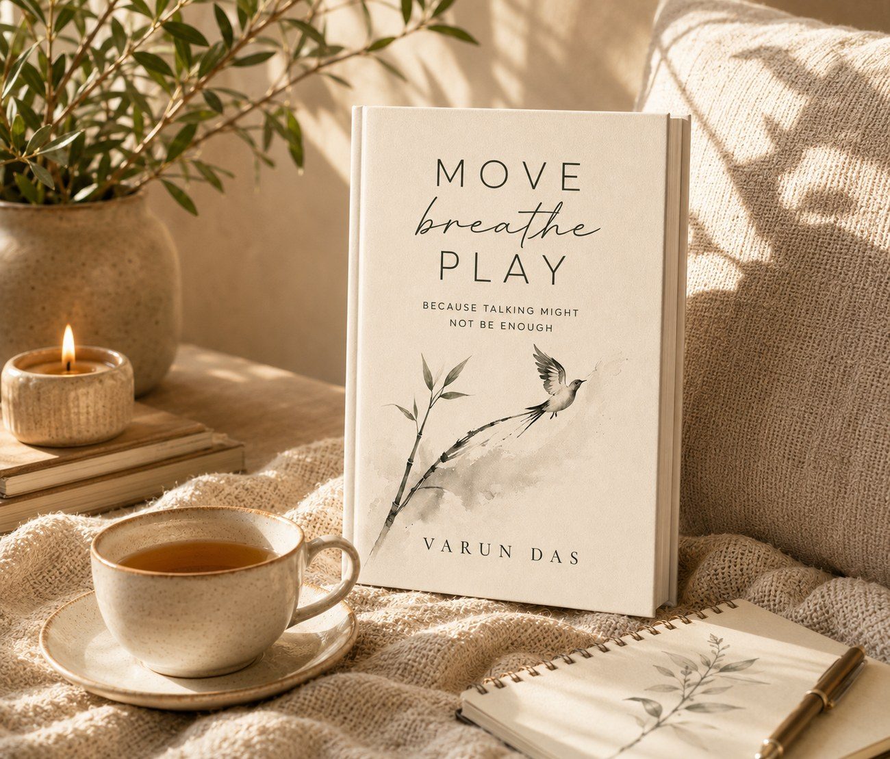 The Move Breathe Play book resting on a knitted blanket beside a cup of tea