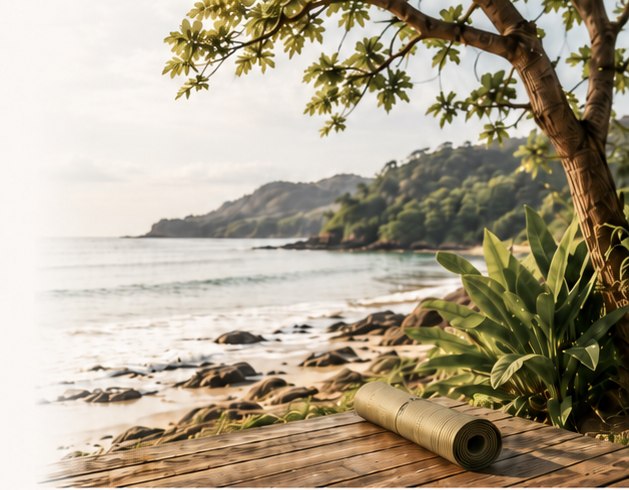 A quiet beach with a rolled yoga mat on a wooden deck