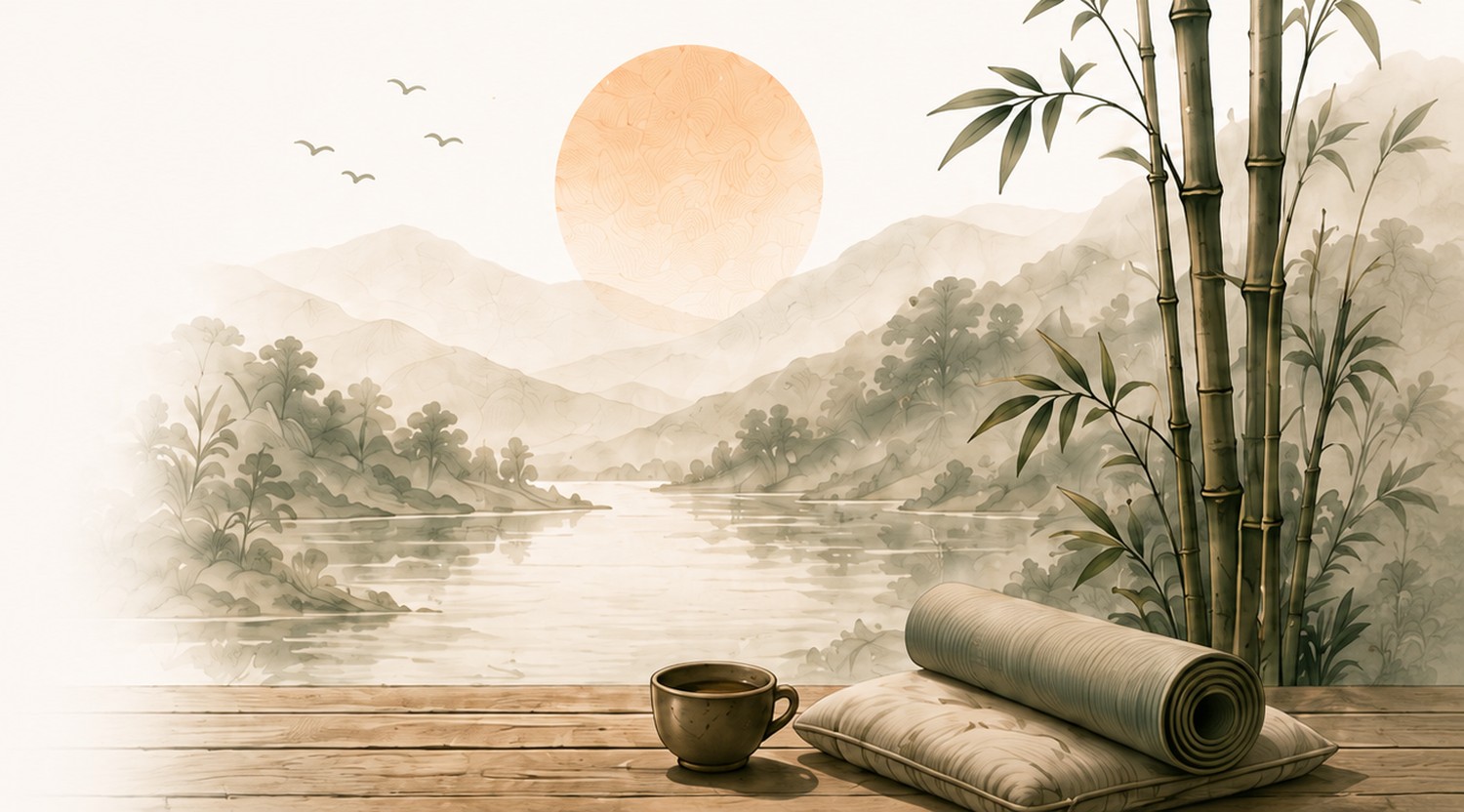 A misty river valley with bamboo and a rolled mat