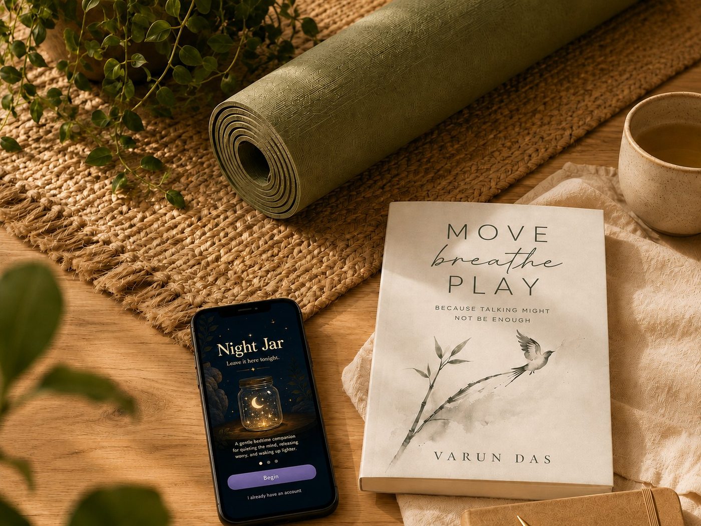 Yoga mat, the Move Breathe Play book and the GOODNIGHT JAR app on a wooden floor