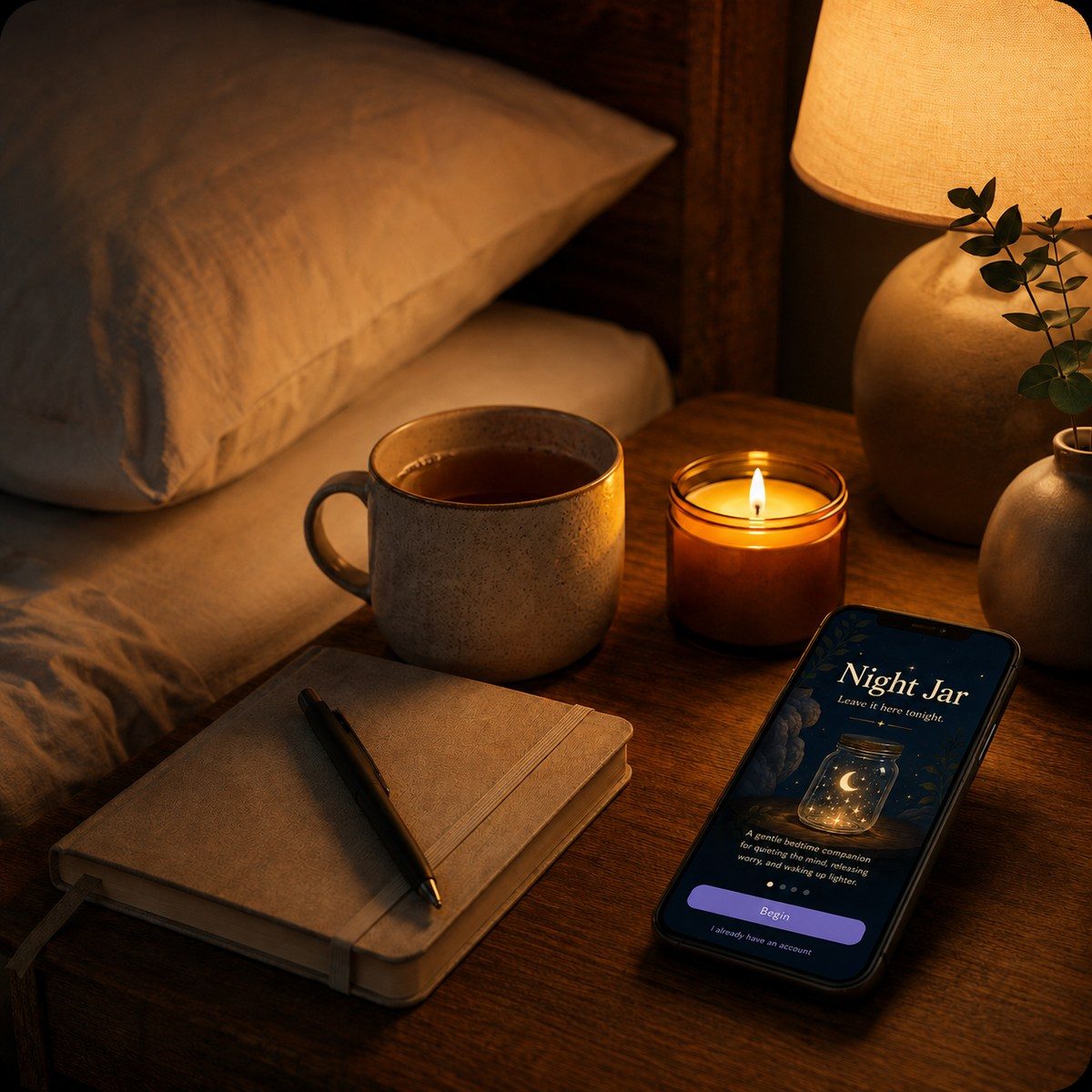 The GOODNIGHT JAR app open on a phone beside a candle and journal