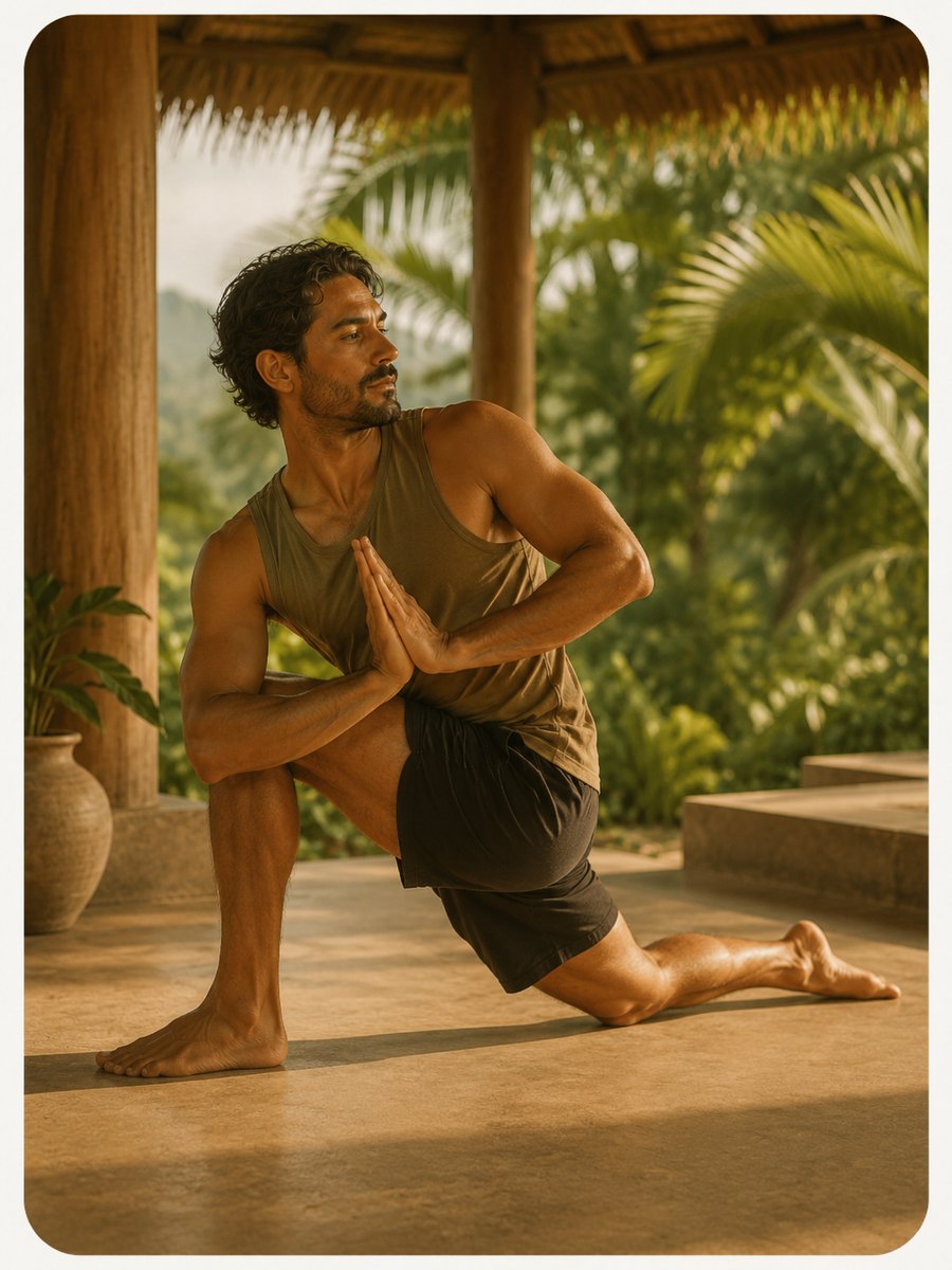 A low lunge with hands at the heart, under a thatched pavilion