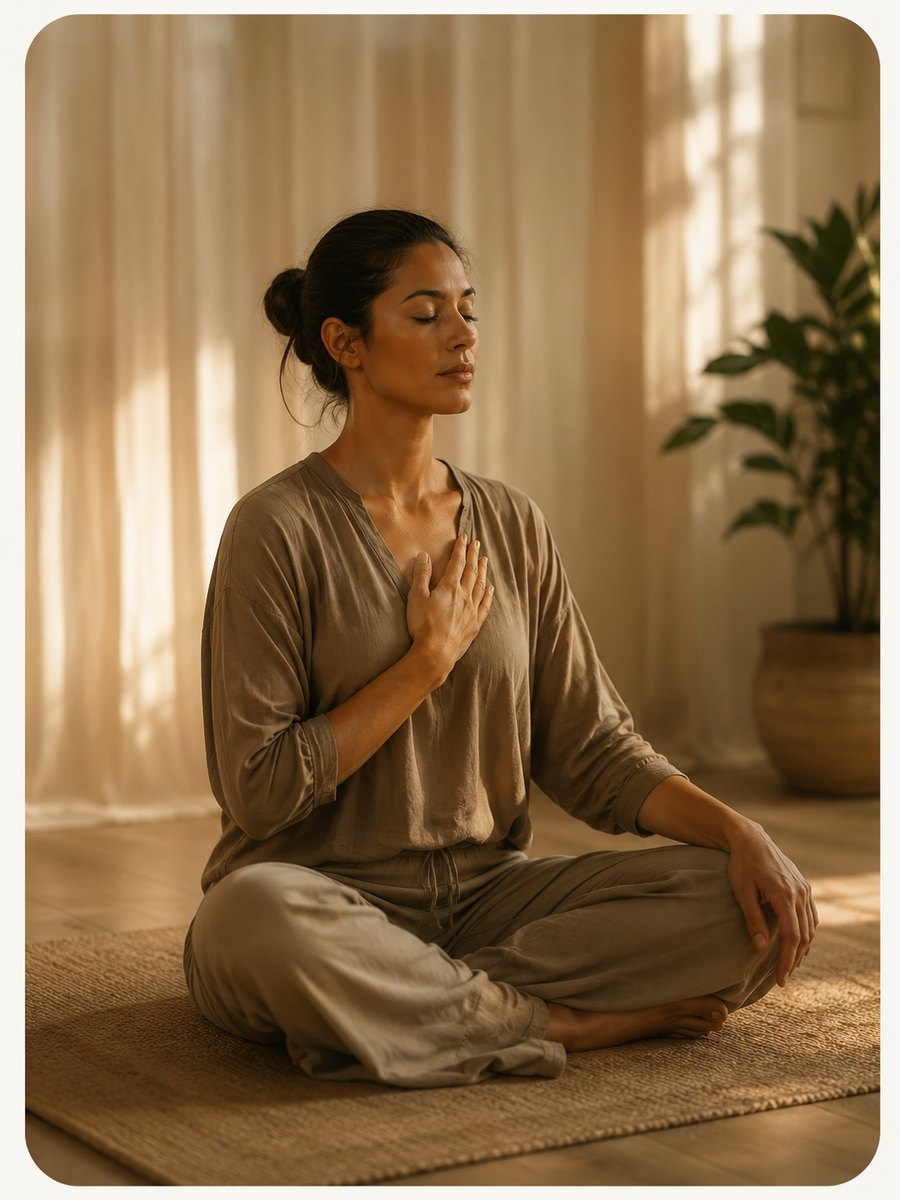 Seated breathwork with one hand resting on the chest