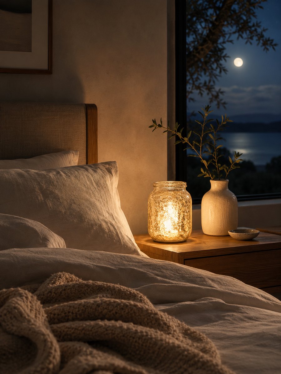 A glowing jar lamp on a bedside table beneath a moonlit window