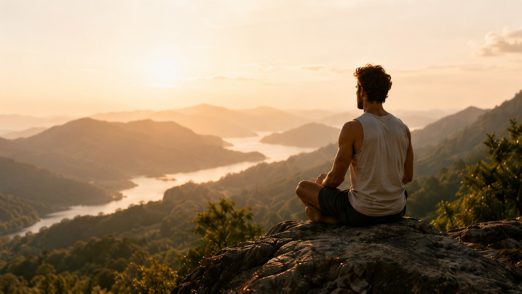 Seated in meditation on a rock overlooking mountains at sunrise