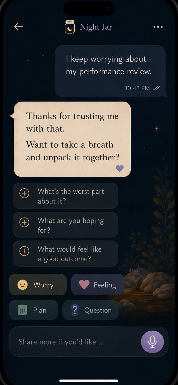 GOODNIGHT JAR responding gently and offering follow-up questions