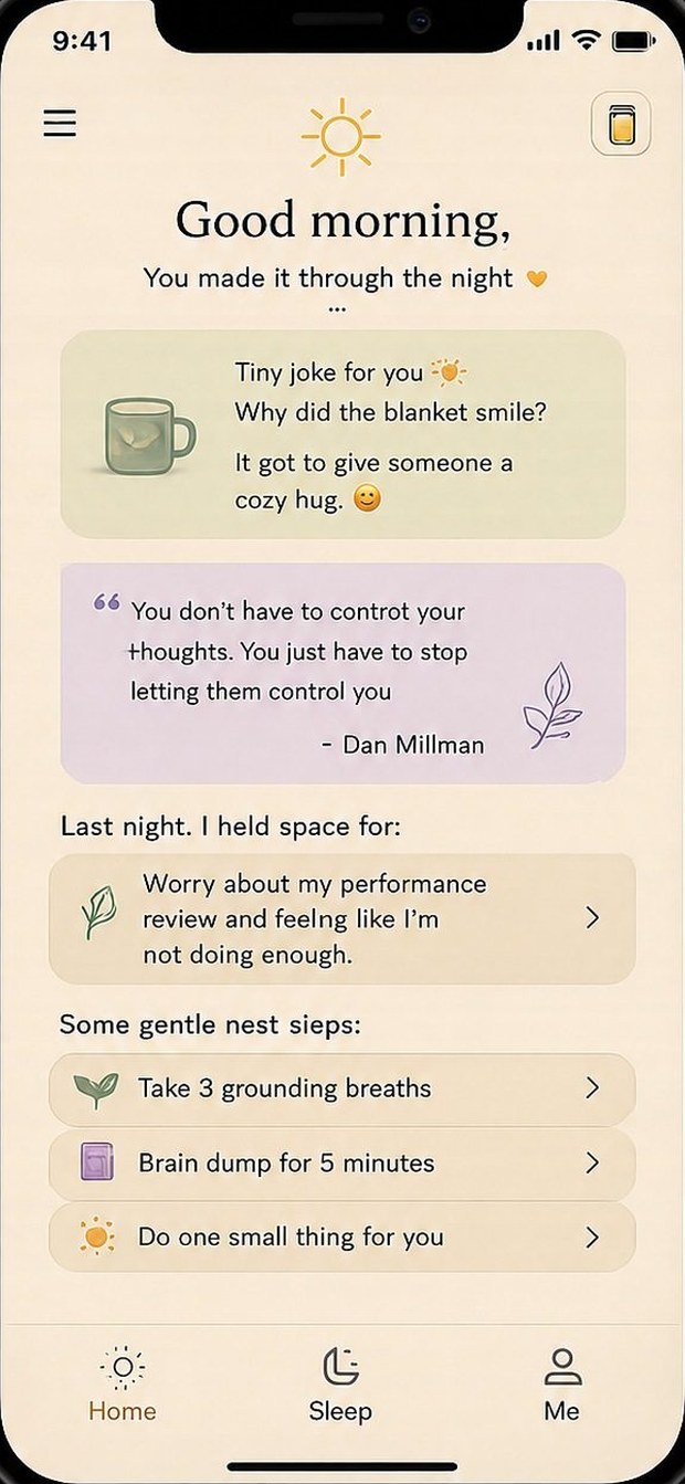 The GOODNIGHT JAR morning screen with a Tiny Morning Smile, a little wisdom, a grounded recap and one gentle next step