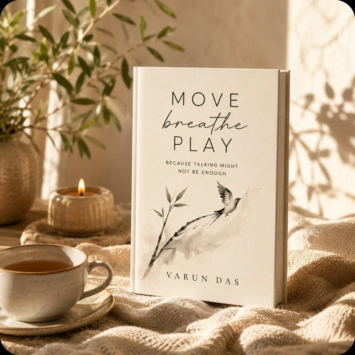 The Move Breathe Play book standing on a wooden table
