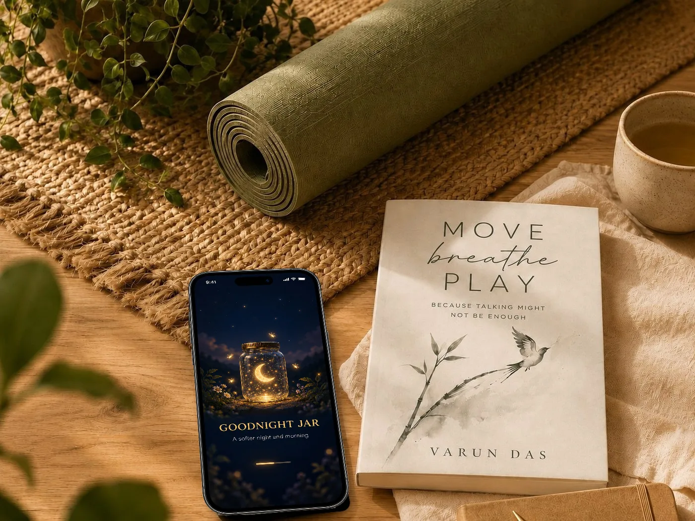 Yoga mat, the Move Breathe Play book and GOODNIGHT JAR loading screen on an iPhone Pro Max
